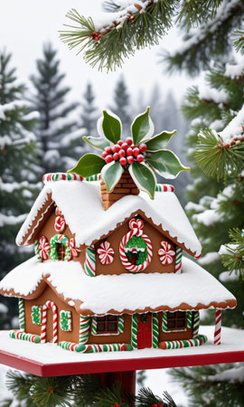 Photo Of Christmas Mistletoe Atop A Gingerbread House With A Snow-Covered Roof, Nestled Between Tall Pine Tree. Generative AIの素材