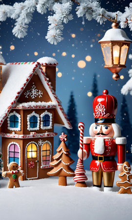 A Snowy Scene With A Nutcracker And Gingerbread House, Highlighted By Lantern. Generative AIの素材