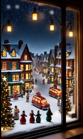 A Christmas Village Scene In A Snowy Window, The Street Outside Bustling With The Glow Of Streetlights. Generative AIの素材