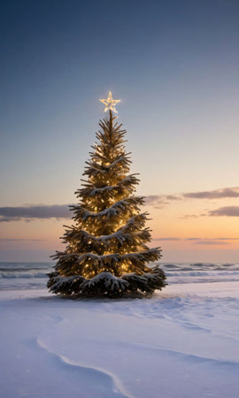 A Christmas Tree On A Snowy Beach, The Waves Gently Illuminated By The Setting Sun. Generative AIの素材