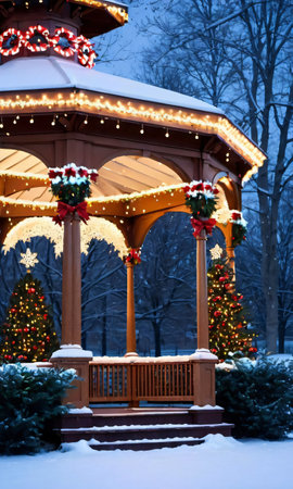 Christmas Lights Adorning A Gazebo In A Snowy Park, Captured At Twilight. Generative AIの素材