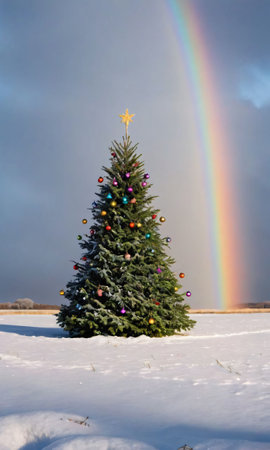 A Christmas Tree In A Snowy Field With A Rainbow In The Background. Generative AIの素材