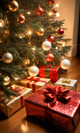 Christmas Presents Hidden Under A Tree, The Wrapping Paper Shimmering In The Firelight. Generative AIの素材