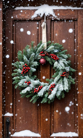A Wreath Hanging On A Rustic Wooden Door With Falling Snow. Generative AIの素材