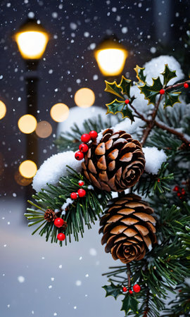 Pine Cones And Holly On A Snowy Evening, Illuminated By Street Light. Generative AIの素材