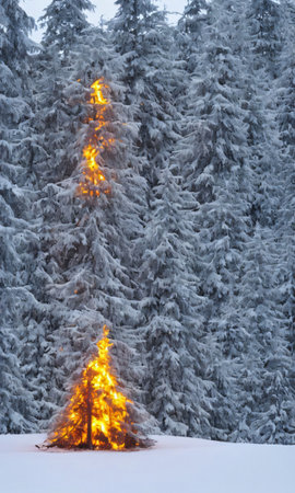 A Christmas Tree In A Snowy Forest, Illuminated By A Nearby Bonfire. Generative AIの素材