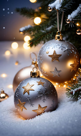 Christmas Baubles And Stars Glistening Under The Soft Lighting Of A Snowy Evenin. Generative AIの素材