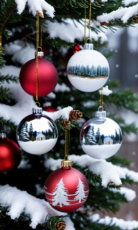 Christmas Ornaments Hanging From A Tree, Their Reflections Capturing The Snowy Landscape Outside. Generative AIの素材