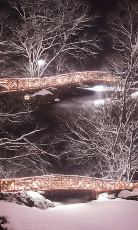 A Festive Bridge With Garlands And Lights Over A Snowy River. Generative AIの素材