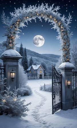 A Moonlit Winter Landscape Featuring A Frosty Gate Adorned With Garlands And Star. Generative AIの素材