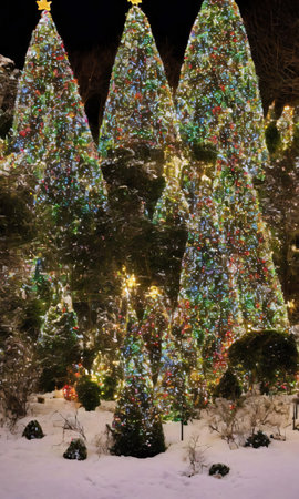 A Festive Garden With Snowy Topiaries And Twinkling Fairy Lights. Generative AIの素材