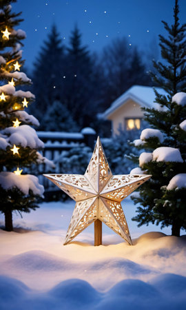 A Christmas Star Decoration In A Garden, The Snowy Landscape Illuminated By Moonlight. Generative AIの素材