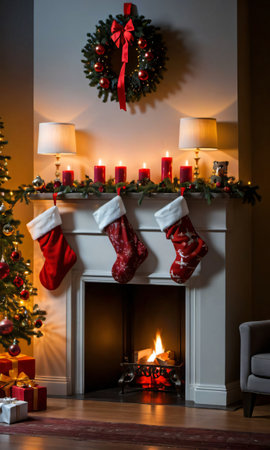 Christmas Stockings Hanging From A Mantle, The Room Lit By The Soft Glow Of A Nearby Lamp. Generative AIの素材