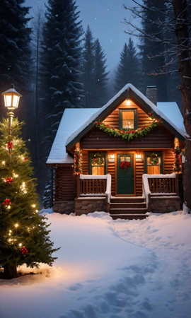 A Cozy Cabin Adorned With Holly And Ivy Amidst A Snowy Evening, Illuminated By The Cabin'S Light. Generative AIの素材