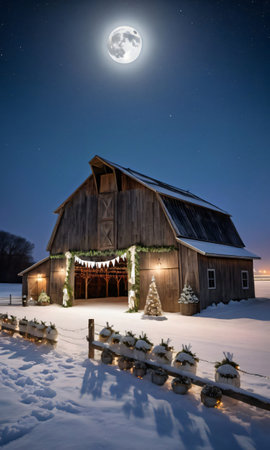 A Snowy Field Featuring A Rustic Barn Adorned With Garlands, Under A Moonlit Sk. Generative AIの素材