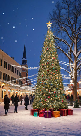 A Snowy Town Square With A Giant Decorated Tree And String Lights. Generative AIの素材