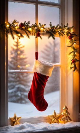 Christmas Stockings Hanging Beside A Snowy Window With The Golden Sunrise Casting Warm Ligh. Generative AIの素材