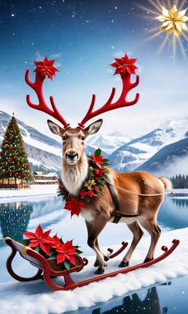 Photo Of Christmas Reindeer Pulling A Sleigh Filled With Poinsettia Plants And Golden Stars Over A Shimmering Frozen Lak. Generative AIの素材