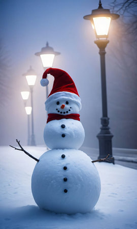 A Snowman And SantaÃ¢ÂÂS Hat In A Foggy Setting, Illuminated By Street Light. Generative AIの素材