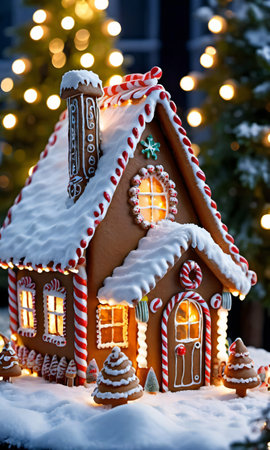 A Christmas Gingerbread House In A Garden, The Snowy Landscape Illuminated By Fairy Lights. Generative AIの素材