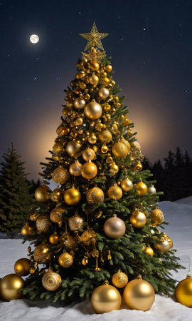 A Christmas Tree Adorned With Golden Ornaments Under Moonlight. Generative AIの素材