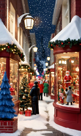 A Christmas Village Scene In A Store Window, The Street Outside Bustling With Holiday Shoppers. Generative AIの素材