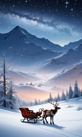 A Snowy Landscape With A Sleigh And Reindeer, Under The Bright Star. Generative AIの素材