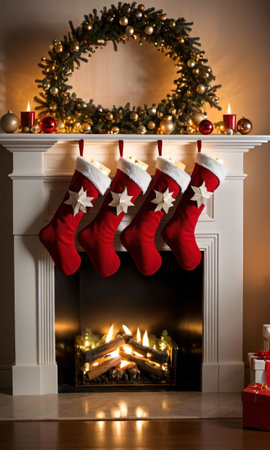 Christmas Stockings Hanging From A Mantle, The Room Lit By The Soft Glow Of A Nearby Christmas Tree. Generative AIの素材