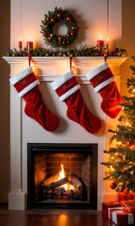 Christmas Stockings And A Roaring Fireplace, Captured In The Soft Glow Of The Fir. Generative AIの素材