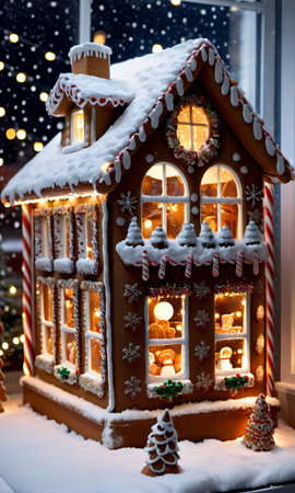 A Christmas Gingerbread House In A Snowy Window, The Street Outside Illuminated By Fairy Lights. Generative AIの素材