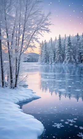 A Winter Landscape Featuring A Frozen Lake With A Backdrop Of Snow-Covered Trees Adorned With Twinkling Light. Generative AIの素材