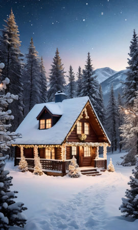 A Winter Landscape Featuring A Cozy Cabin Adorned With Twinkling Lights And Snowy Garland. Generative AIの素材