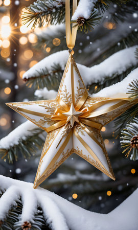 A Golden Star And Elegant Ribbons Adorning A Snowy Pine Tree, Captured In The Ethereal Glow Of Daw. Generative AIの素材