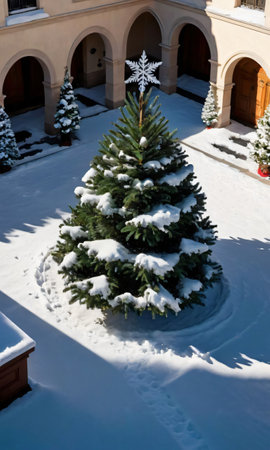 A Christmas Tree In The Center Of A Snowy Courtyard, The Surrounding Buildings Casting Long Shadows. Generative AIの素材