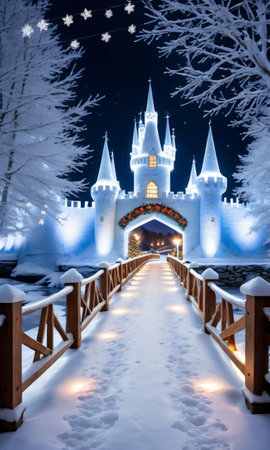 Photo Of Christmas Snow-Covered Bridge Adorned With Fairy Lights And Snowflakes Leading To A Magical Ice Castl. Generative AIの素材