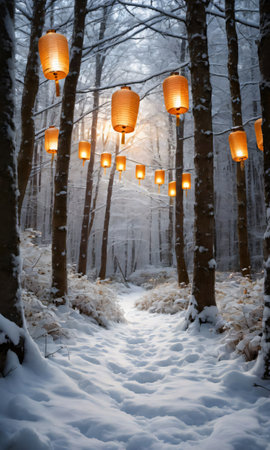 A Snowy Forest Scene Featuring A Path Lined With Lanterns Casting A Warm Glo. Generative AIの素材