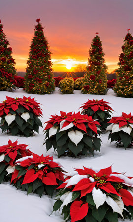 Snow-Covered Poinsettias And Holly, Beautifully Illuminated By The Warm, Golden Sunse. Generative AIの素材
