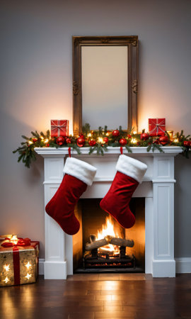 Christmas Stockings Hanging From A Mantle, The Room Lit By The Soft Glow Of A Nearby Star Decoration. Generative AIの素材