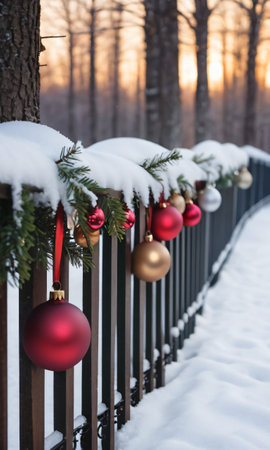 Christmas Decorations Adorning A Snowy Fence, Captured In The Soft Light Of Dawn. Generative AIの素材