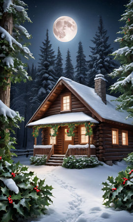 A Snowy Forest Scene Featuring A Wooden Cabin Adorned With Holly And Ivy, Illuminated By Moonligh. Generative AIの素材