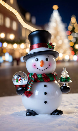 Photo Of Christmas Snowman Wearing A Wreath Necklace Holding A Glass Snow Globe In The Town Square With Twinkling Light. Generative AIの素材