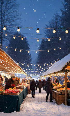 A Festive Outdoor Market With String Lights On A Snowy Evening. Generative AIの素材