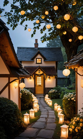 A Lantern-Lit Path Leading To A Festively Decorated Cottage. Generative AIの素材