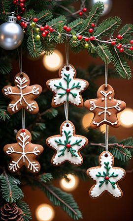 Photo Of Christmas Gingerbread Cookies Hanging From A Tree Adorned With Mistletoe And Lanterns, With A Backdrop Of The Northern Light. Generative AIの素材
