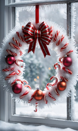 Photo Of Christmas Wreath Made Of Candy Canes, Tinsel, And Baubles Hung On A Frosty Window Pan. Generative AIの素材