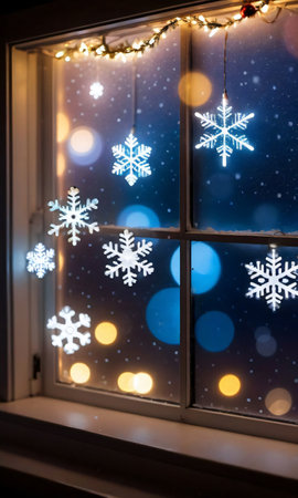 Christmas Lights And Snowflakes Against A Foggy Window, Captured At Nigh. Generative AIの素材