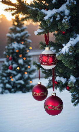 Christmas Decorations Hanging From A Snowy Tree, Captured In The Soft Light Of Dawn. Generative AIの素材