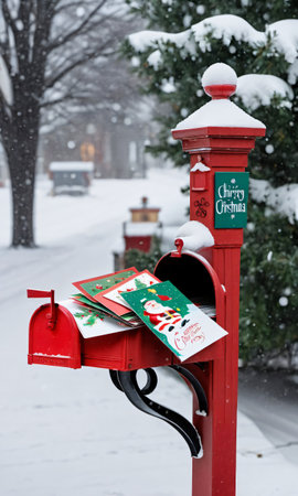 A Mailbox Overflowing With Christmas Cards During A Snowstorm. Generative AIの素材