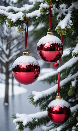 Christmas Baubles Hanging From A Tree, Their Reflections Capturing The Snowy Landscape. Generative AIの素材