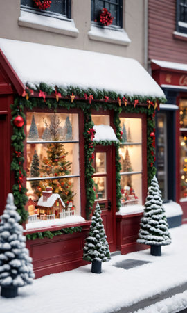 A Christmas Village Scene In A Store Window, The Street Outside Covered In Fresh Snow. Generative AIの素材